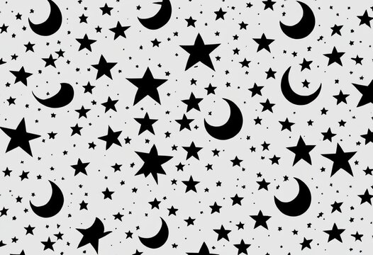 Seamless pattern of stars and crescent moons on white background, celestial design