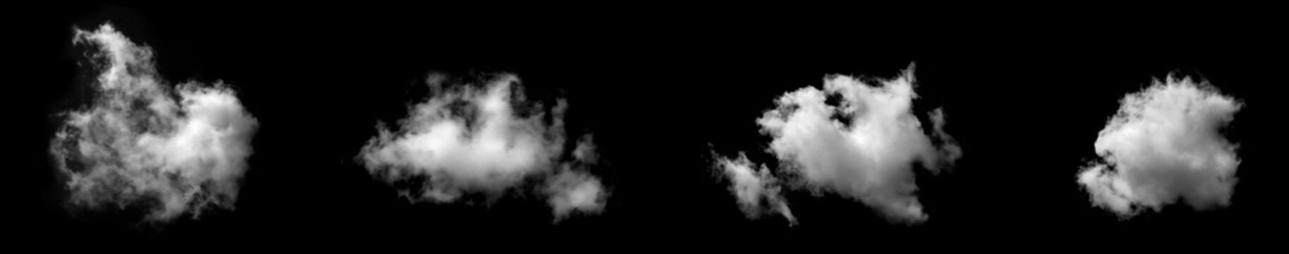 White cloud formations isolated on a black background, featuring soft fluffy shapes and atmospheric texture for weather concepts, creative designs, digital composites, backgrounds, and visual effects.