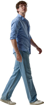 Full body young man walking in blue casual outfit isolated on transparent background. Concept of casual clothing catalogs, fashion banners, online stores and seasonal sales.