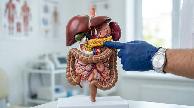 Doctor points to pancreas on anatomical model of digestive system
