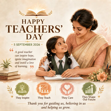 Teachers day greeting poster featuring female teacher and young student learning together with educational icons and school quotes.