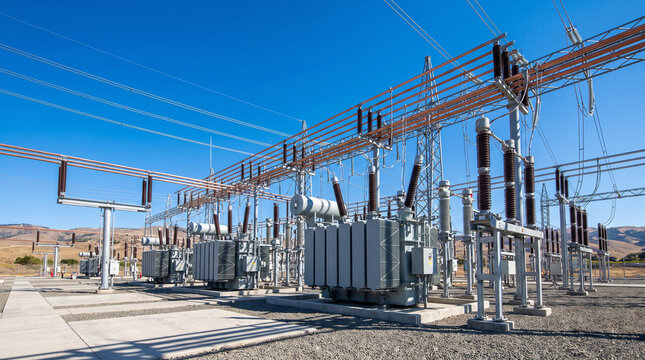 A massive electrical substation featuring large transformers and ceramic insulators under a clear blue sky, ensuring a stable power supply for the local urban power grid.