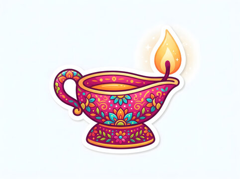 A vibrant and colorful traditional indian diya oil lamp with intricate floral patterns and a glowing flame isolated on a plain white background