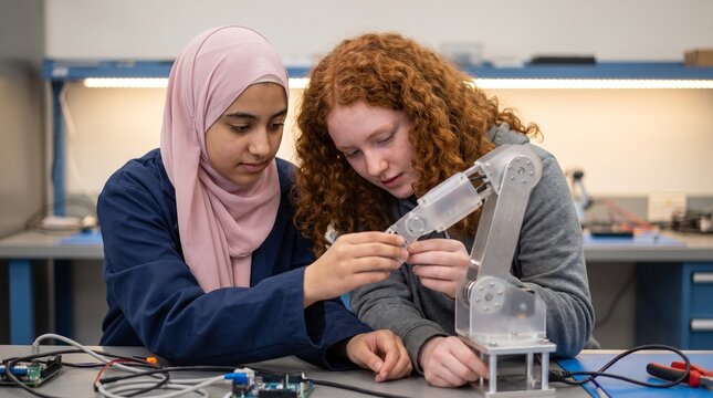 Diverse young women collaborating on robotics project, engineering students building a robotic arm, STEM education and innovation, future technology development
