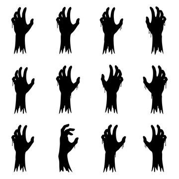 Set of black zombie hand silhouettes reaching out for halloween decoration