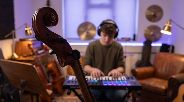 Young male musician creating electronic music in a professional recording studio, focused on a MIDI keyboard and drum machine. Creative music production, modern sound engineering