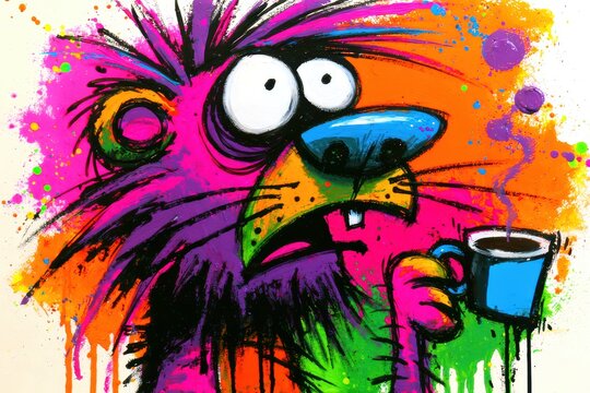 Colorful manic monster holding coffee mug, splattered urban street art background, vibrant chaotic energy