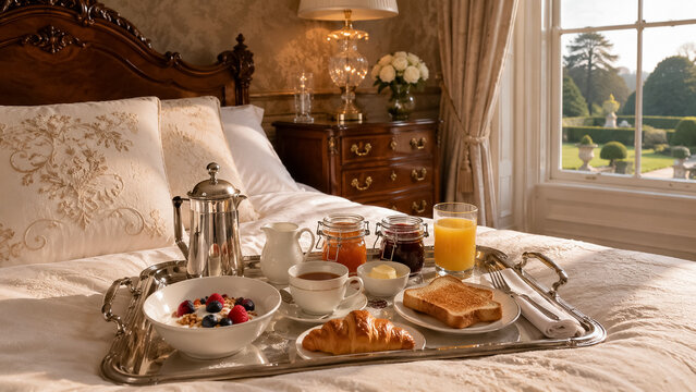 Luxury breakfast in bed on a silver tray, enjoying a gourmet morning meal in an elegant hotel room with a garden view