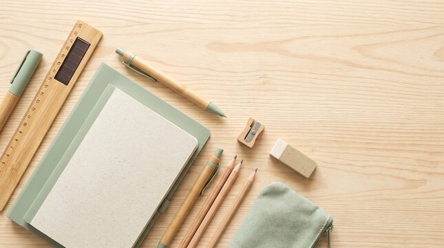 Eco-friendly stationery set, sustainable office supplies, natural wood and recycled paper school essentials, minimalist desk organization for productivity