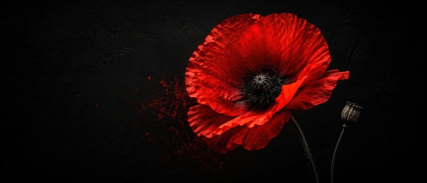 single red poppy with dark center and red dust on textured black background, symbol of grief, remembrance and sacrifice