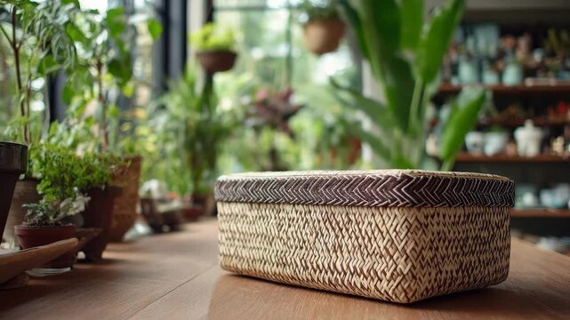 Natural woven box with patterned lid on a wooden table, surrounded by lush plants.