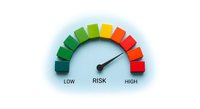 Risk gauge meter with a needle pointing to the high risk level, isolated on white background