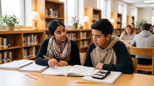 Diverse students studying together in a library, young adults collaborating on schoolwork, academic support and learning, educational environment for college or university life