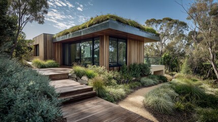 Fototapeta premium Eco House Modern eco-friendly house with large glass windows, wooden exterior, and rooftop garden surrounded by lush greenery and trees.