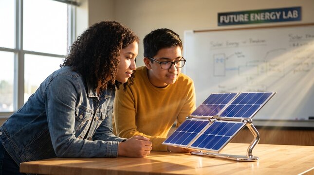 Young diverse students examining a solar panel model in a science lab, learning about renewable energy and sustainable technology. Future energy education, STEM innovation