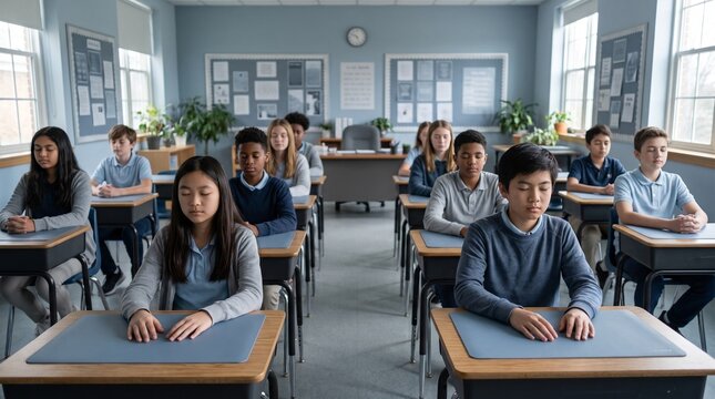 Diverse group of elementary school students sitting attentively at their desks in a bright, modern classroom. Young children learning and studying in a structured educational environment