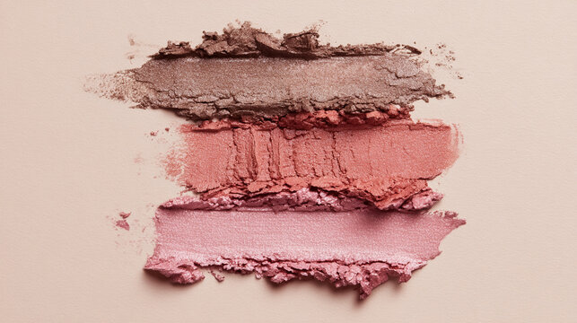 Eyeshadow makeup swatches with shimmering texture, presenting crushed cosmetic powder smears in various nude and pink tones