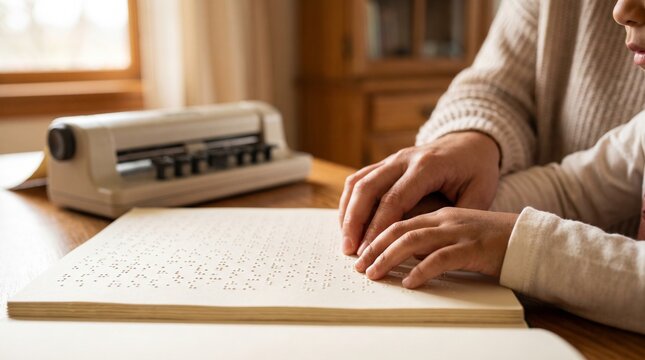 Child learning Braille, an inclusive education concept. A young student's hands touch embossed dots, guided by an adult, promoting accessibility and literacy for visually impaired individuals.