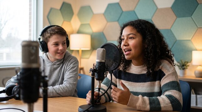 Young diverse girl recording a podcast with a microphone, a boy listening with headphones in the background. Teenagers creating audio content, digital media production