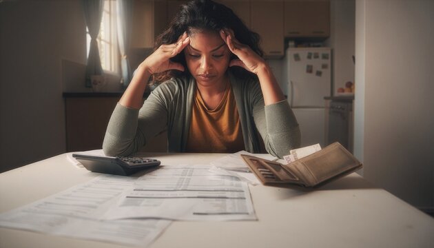 Overwhelmed person calculating whether available cash is enough to pay monthly bills.