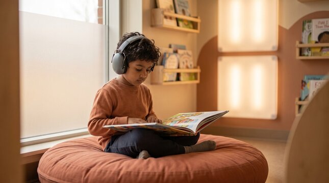 Young child in headphones reading a book, focused boy enjoying story time, educational development, quiet learning space for children