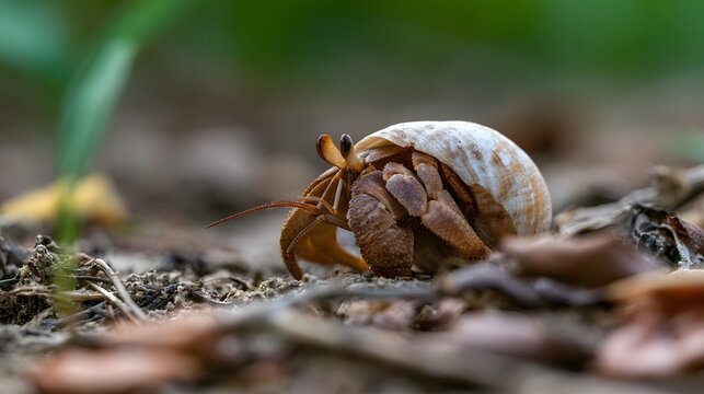 A hermit crab emerges from its shell on a forest floor covered with leaves and soil  captured in natural daylight