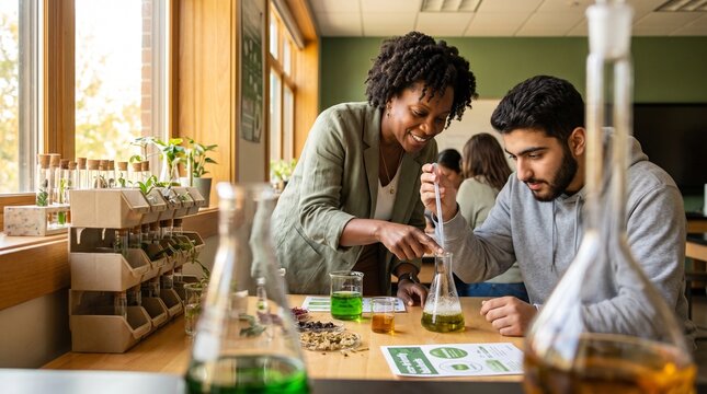 Diverse students conducting a science experiment in a bright classroom, a young Black woman teacher assisting a male student, green and brown liquids in beakers, educational setting