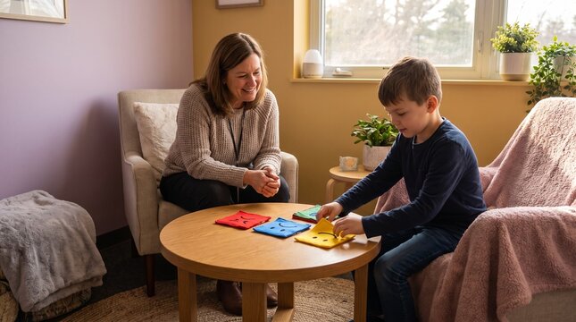 Smiling adult woman observing a young boy playing with colorful geometric shape puzzles at a wooden coffee table, bright indoor setting, for child development and education concepts
