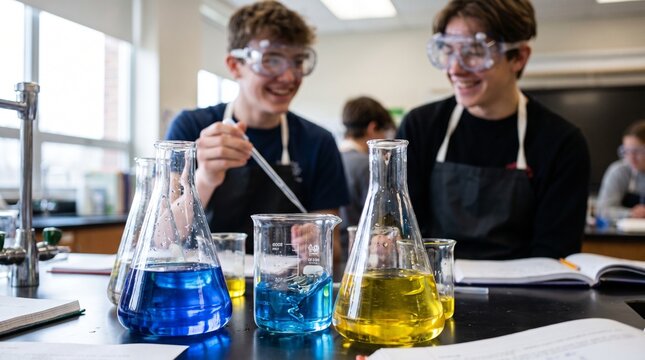 High school students in safety goggles conducting a chemistry experiment, mixing colorful liquids in beakers and flasks, educational science class activity, close-up, selective focus