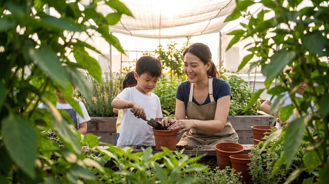 Happy Asian woman and child planting seedlings in a greenhouse, green leaves framing the scene, educational gardening activity for kids, natural light, horizontal photo