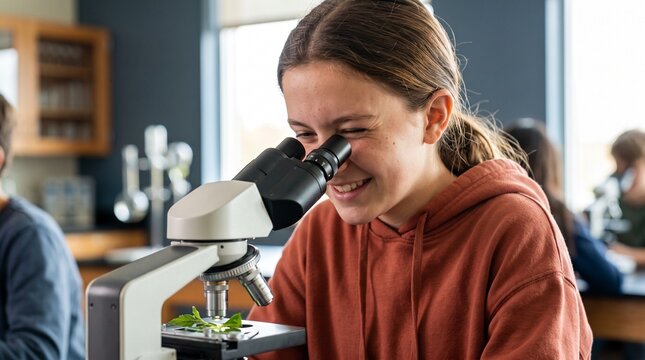 Smiling teenage girl using a microscope in a bright science classroom, observing a green plant specimen, for education and discovery concepts