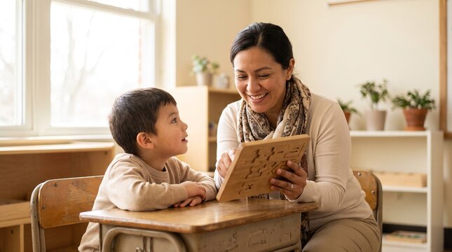 Happy female teacher and young male student learning together, smiling diverse duo in a bright classroom, educational activity, warm natural light
