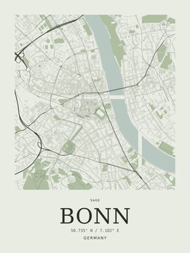 Minimalist map poster of bonn, germany with sage green color scheme