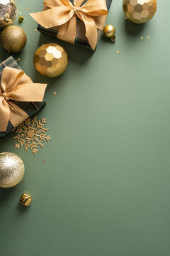 Merry Christmas flat lay with gold gift, bow and ornament for a happy New Year on vertical olive color backdrop