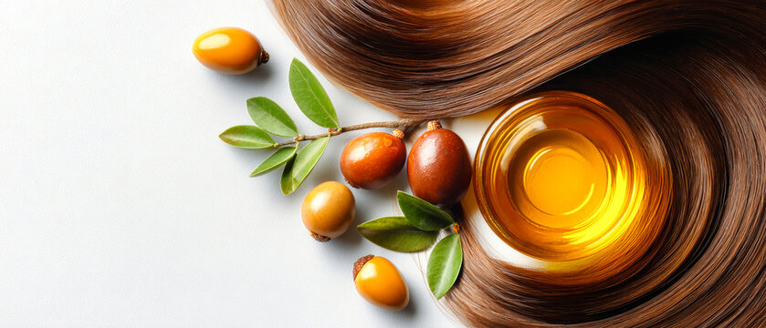 Beautiful long hair flows beside argan oil and fruits on a white surface, illuminated by studio lighting, inviting creative use in various projects