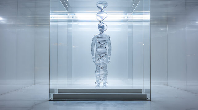 Futuristic transparent humanoid figure containing a glowing DNA helix in a sterile laboratory, symbolizing artificial intelligence, biotechnology, genetics, innovation, science, and technology