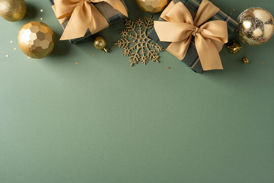 Festive green and gold Christmas gifts with bows and ornaments for MerryChristmas and HappyNewYear