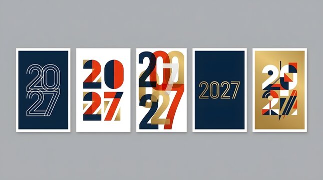 Set of five modern creative posters featuring the year 2027 with diverse artistic typography and graphic design styles