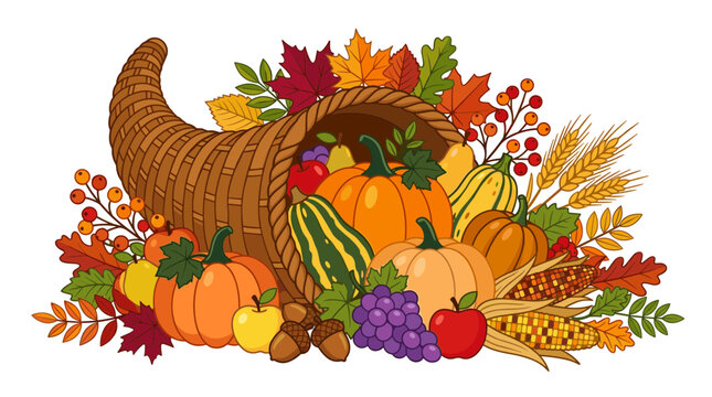 Autumn cornucopia, Thanksgiving vector isolated on White Background