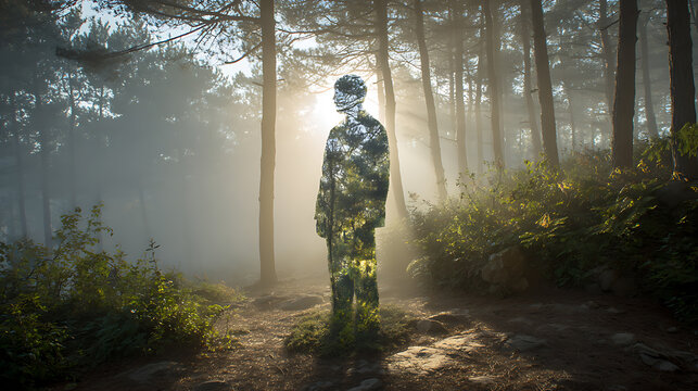 Digital human silhouette blended with a sunlit forest, symbolizing artificial intelligence, virtual identity, digital transformation, technology, connectivity, innovation, and nature
