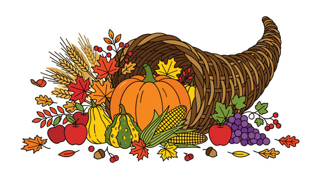 Autumn cornucopia, Thanksgiving harvest isolated on White Background