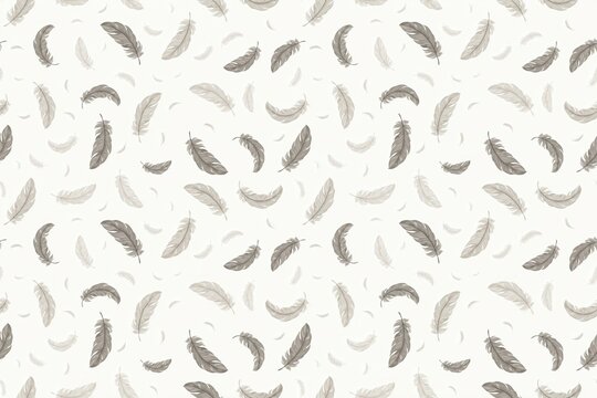 Seamless pattern of hand-drawn bird feathers in shades of brown and grey scattered on a soft off-white textured paper background