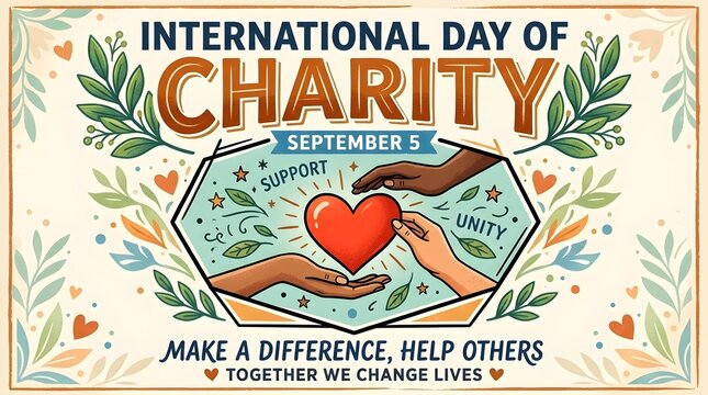 International Day of Charity September 5 Vector Illustration Featuring Hands Holding Red Heart Symbol, Support and Unity Concept, Make a Difference Help Others Together We Change Lives Slogan, Vintage
