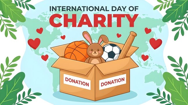 International Day of Charity Concept Vector Illustration Featuring Open Cardboard Donation Box Filled with Toys, Cute Bunny Plushie, Basketball, Soccer Ball, and Baseball Bat, Red Heart Symbols, World