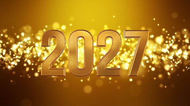 Video animation of golden light shine particles bokeh over golden background and the numbers 2027 in gold - represents the new year - vacation concept.