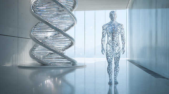 Futuristic human figure with a DNA-inspired digital structure in a modern interior, symbolizing artificial intelligence, biotechnology, data science, genetic technology, innovation, and digital evolut