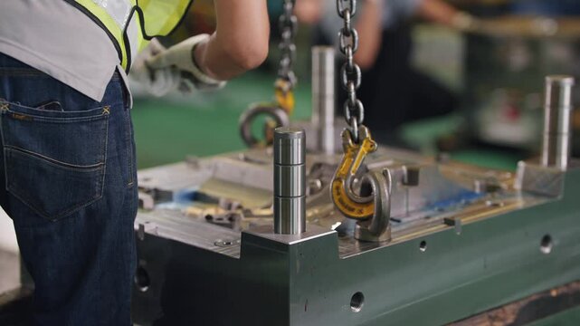 Worker lifts heavy metal mold with chain hook. Industrial setting, focused on manufacturing process. Equipment shows signs of use and wear