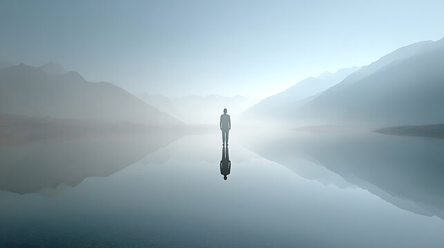 Futuristic human silhouette standing on reflective water between misty mountains, symbolizing artificial intelligence, digital identity, cybersecurity, virtual reality, technology, and human evolution