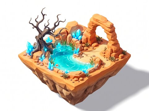 3D isometric low poly illustration of a fantasy desert oasis with glowing blue crystals, dead tree, and rock arch, isolated on a white background