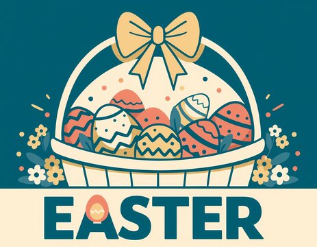 A woven basket filled with decorated eggs presents a festive easter illustration basketry eggshell painted floral ornament springtime celebration holiday festival eastertime decorations pastel